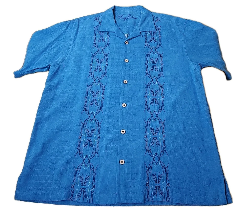 Camisa hawaiana de seda Tommy Bahama para hombre azul mediano bordada isla chopper motociclista Foto 4 de 4