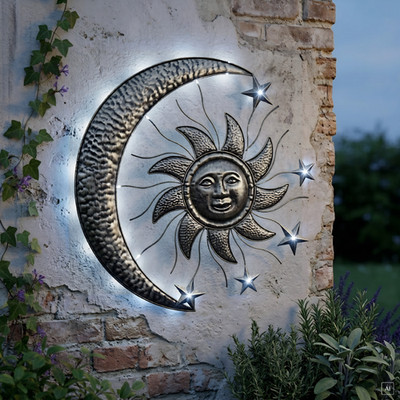 abc HOME LED Wanddeko Sonne Mond Solar Metall Lichtsensor Garten Wandbild 70cm