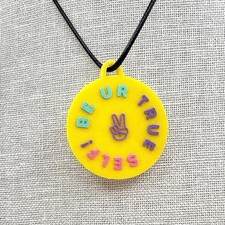 Vintage 90s Be Ur True Self Peace Sign Necklace Yellow Rubber Novelty Jewelry