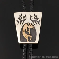 NATIVE AMERICAN HOPI STERLING SILVER & 14K YELLOW GOLD KOKOPELLI BOLO TIE