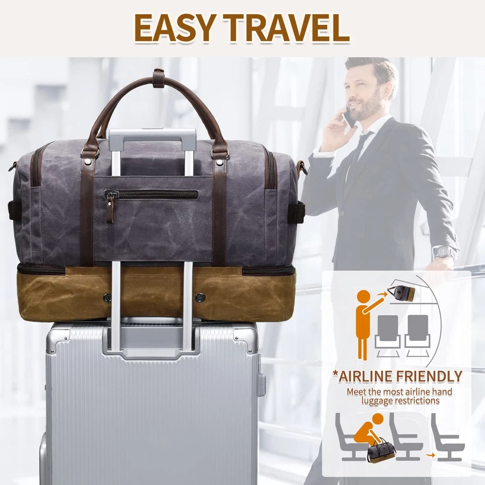 Bolso de fin de semana Nerlion con compartimento para zapatos bolsa grande para pasar la noche para hombre Canva... Foto 3 de 4