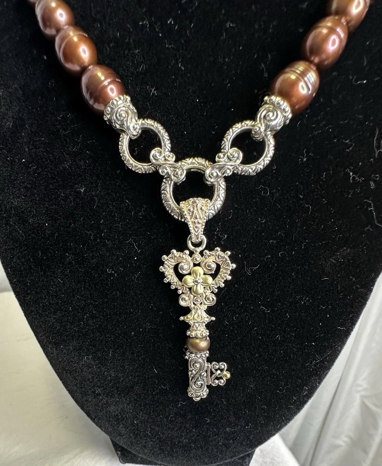 BARBARA BIXBY 纯银 18k 金铜色珍珠钥匙吊坠项链 — 第 3/4 张图片