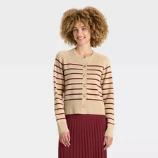 Women's Lady Jacket Cardigan - A New Day Taupe/Burgundy Striped M