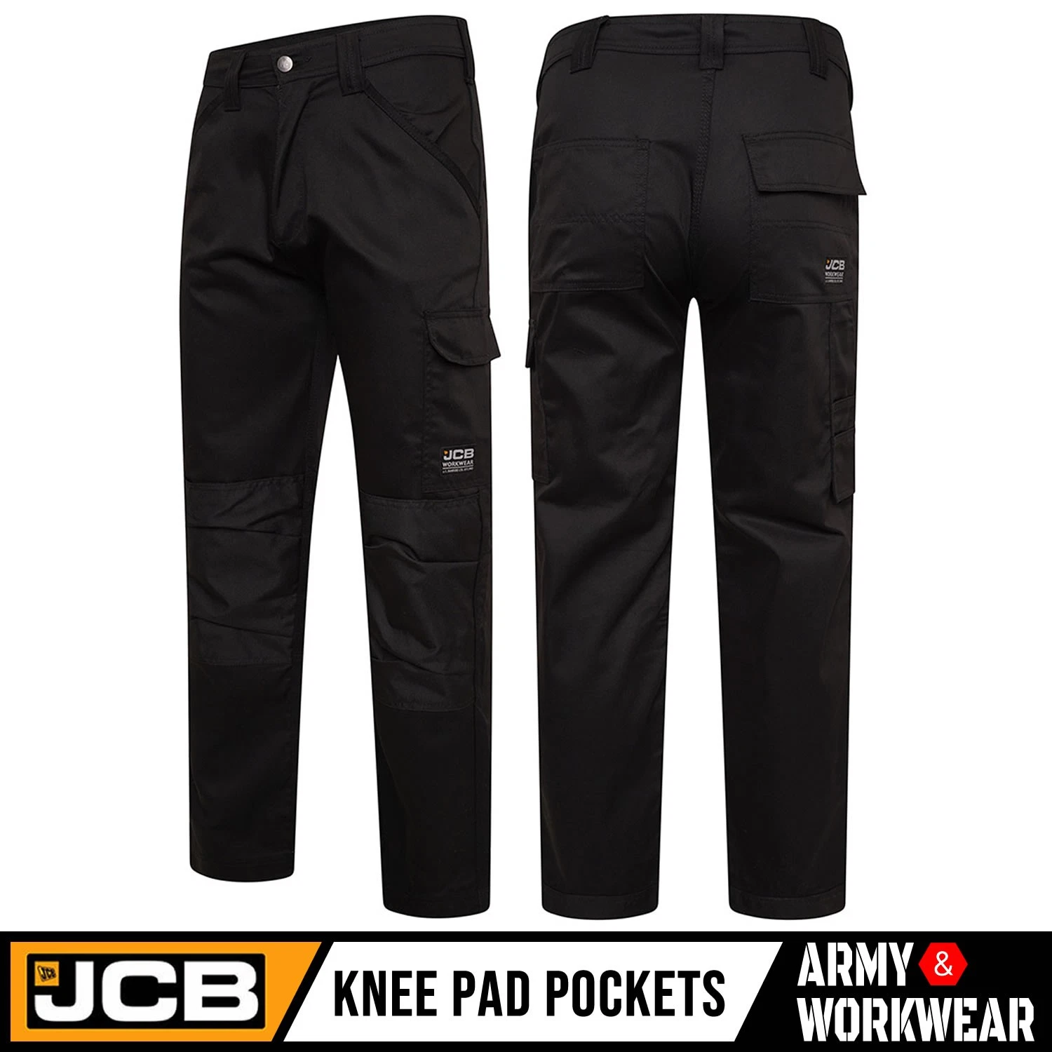 JCB Essential Cargo Combat Men Work Trousers With Knee Pad Pockets Black