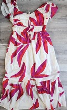Nine West Tropical Print Maxi Dress Large Pink Red Cream Puff Sleeve