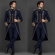 Navy Military Tailcoat Men's Suits Gold Embroidery Royal Court Wedding Tuxedo