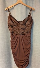 Prettylittlething Size 10 Chocolate Brown Corset Dress Satin Draped Party C26