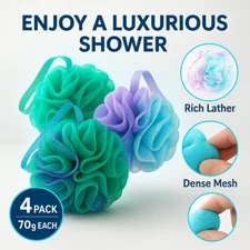 Loofah Shower Sponge 4 Pack 70g Large Mesh Body Scrubber Bath Pouf for Women Men