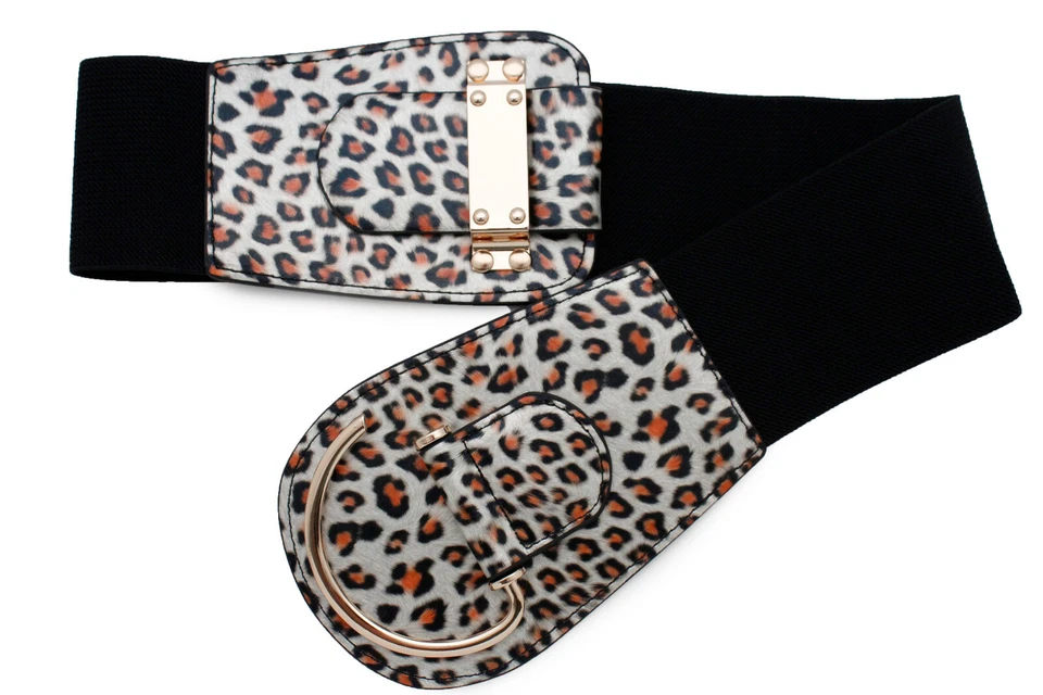 Mujeres Animal Print Leopardo Elastizado Imitación Cuero Ancho Cinturón Gancho Hebilla Talla L XL Foto 3 de 4