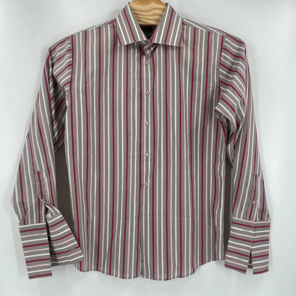 Camisa Roar Para Hombres XL Gris Rosa Rayas Manga Larga Puño Francés Abotonada Foto 4 de 4