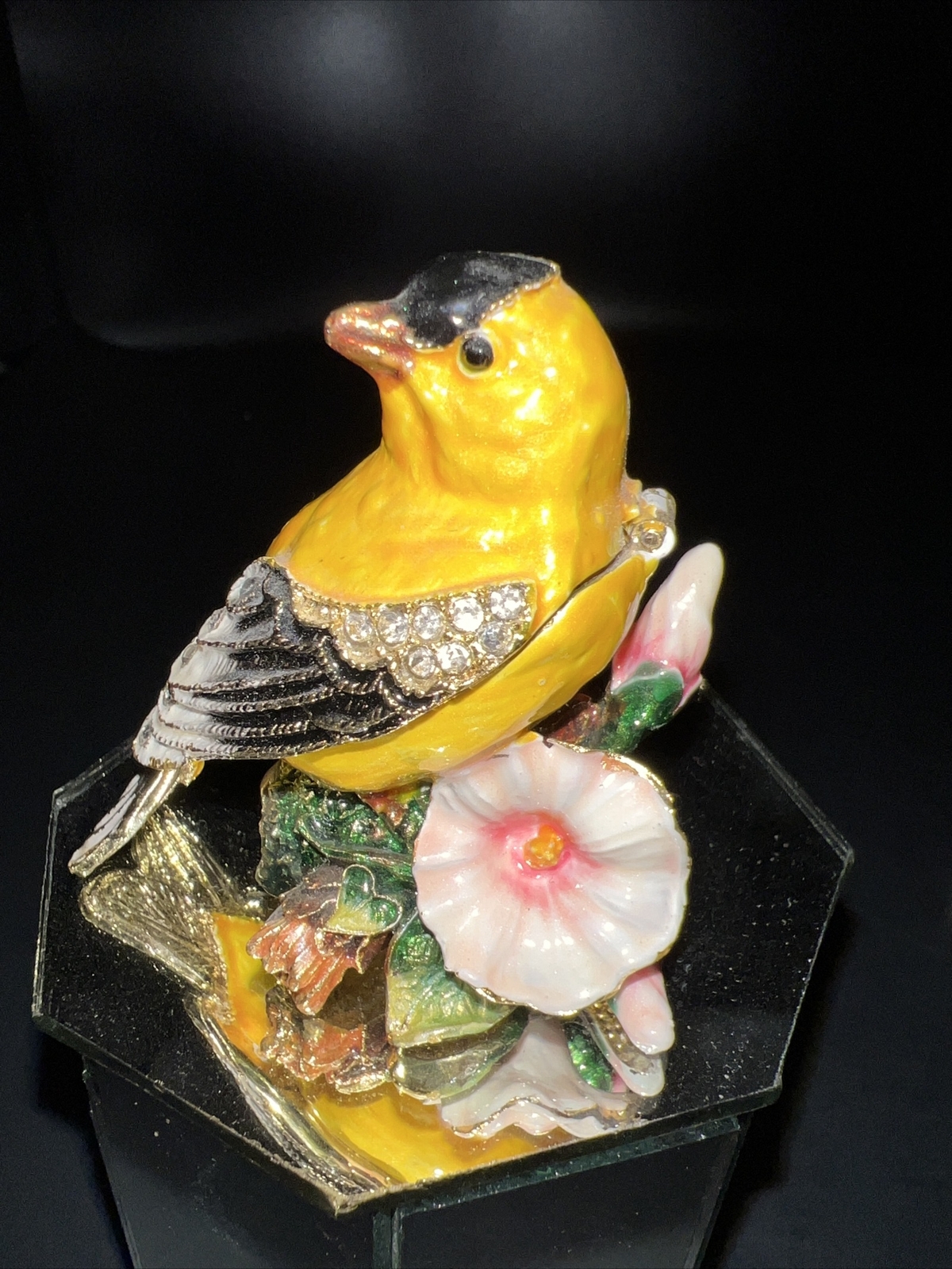 Enameled Oriole Bird Trinket Box with Rhinestones and Jewel Accents