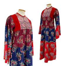 Vtg Vintage 1970s 70s 1960s 60s Red Velvet Textile Bibbed Boho Floral Midi Dress
