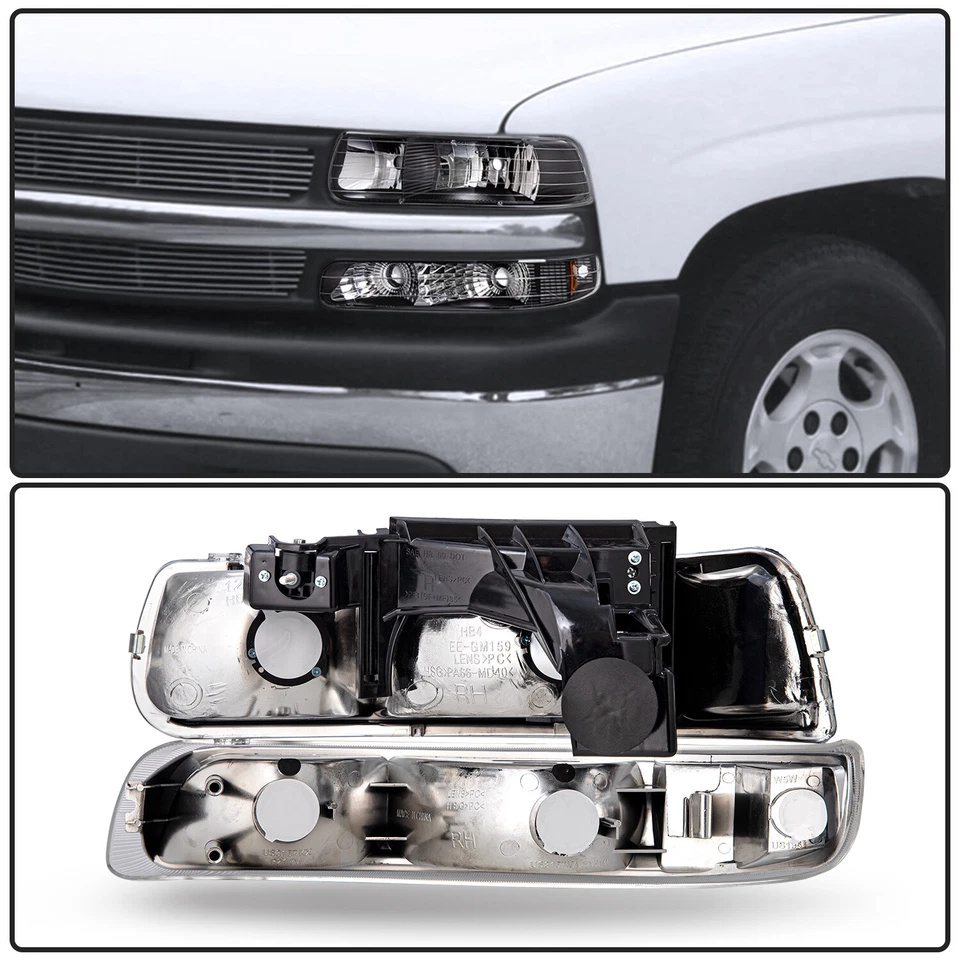 For 1999-2002 Chevy Silverado/00-06 Tahoe Suburban Black Headlights&Bumper Lamps - Image 3 of 4
