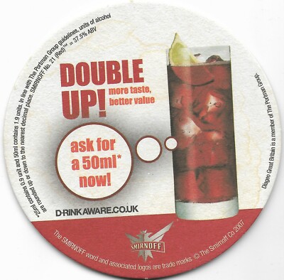 Smirnoff Double Up, jetzt 50ml anfragen! Werbe Bierdeckel