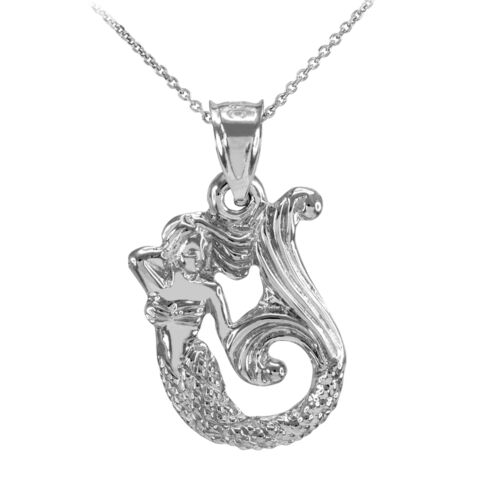 10k White Gold Textured Mermaid Fairy tale Fantasy Mythical Pendant Necklace - Photo 1/2