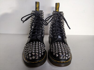 DOC DR MARTENS BLACK LEATHER CHROME SPIKE STUDDED BOOTS RARE