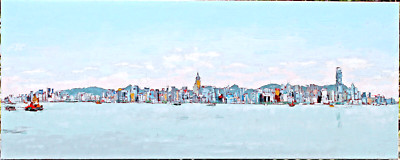 Honkong, Skyline Hafen 2017, gespachtelt, Öl auf Leinwand, 40cm x 100cm x 4,5cm