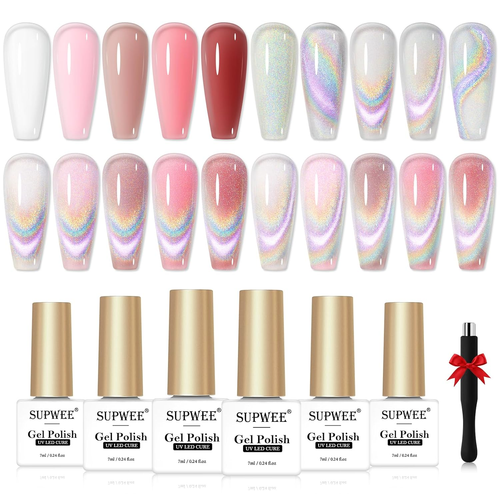 Cat Eye Gel Nail Polish Set with Magnetic, 5 Colors Translucent Nude Pink White - Picture 12 of 12