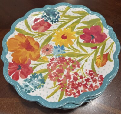Set Of 8 Pioneer Woman 10 3/4'' Dinner Plates Melamine Sunny Days/Aqua Rare