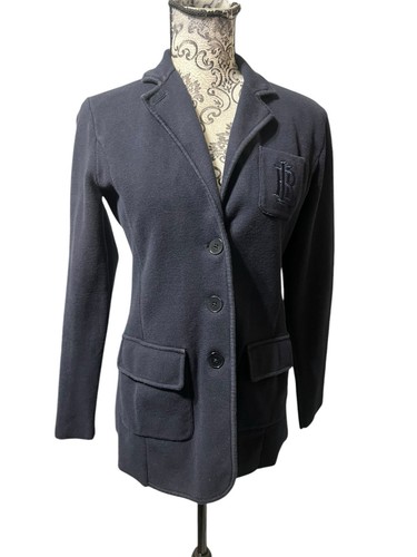 Lauren Ralph Lauren Navy Knit Logo Knit Cotton Blend Buttoned Blazer Pockets - Picture 3 of 14