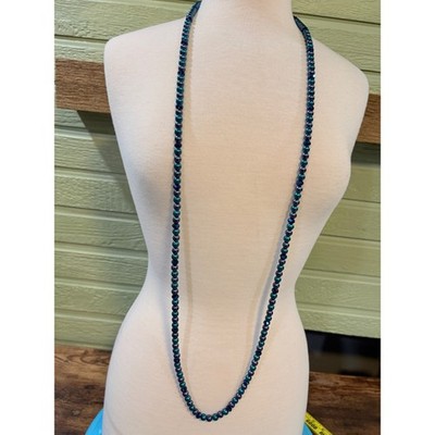 Long Peacock Blue Teal Pearl Crystal Beaded Opera Necklace 52 Inch
