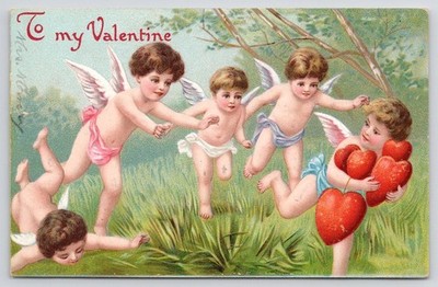 Cupid Runs Away with Hearts Other Cupids Chase  To My Valentine Postcard