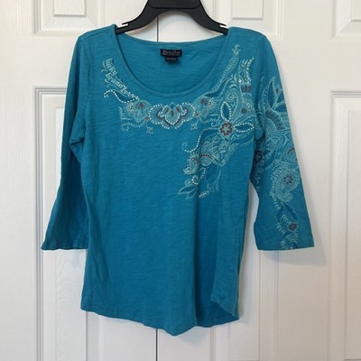 Lucky Brand Small Blue Three-Quarter Sleeve 100 % Cotton Top