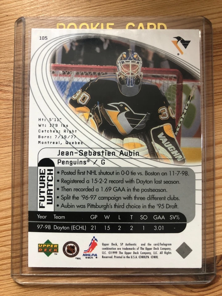 1998-99 SP Authentic JEAN-SEBASTIEN AUBIN Future Watch #105 1119/2000 Rookie RC - Image 2 of 2