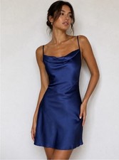 Urban Outfitters Mallory Cowl Neck Satin Slip Mini Dress Navy Blue NWT Size S
