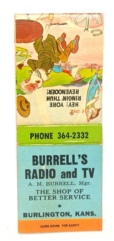 Vintage matchbook cover for Burrell's Radio and TV shop in Burlington, Kansas