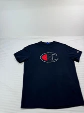 Champion Navy Sports Logo T-Shirt Short Sleeve Crew Neck — Logo Appliqué - XL