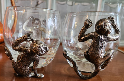 Vtg Arthur Court Safari Monkey Double Old-Fashioned Roly-Poly Glass 1 ea