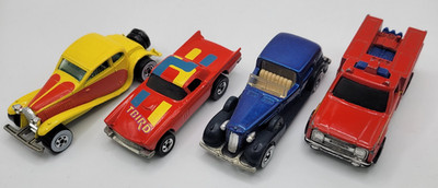 Vintage Lot Of 4 Hot Wheels Cars Diecast T-Bird Bugatti Caddy Emergency Unit