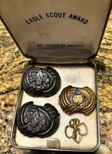 Vintage LOT of 3 BSA Neckerchief Slides, Brownie Pin & Eagle Scout Award Box