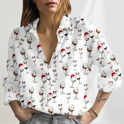 Wine Glass Christmas Lighting Linen Look Shirt Wine Red Blouse Shirt