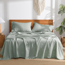 Queen Size 100 Linen Bed Sheets - Breathable, Soft, 16" Deep Pocket, Green