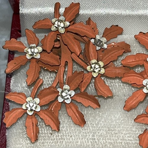 Vintage Floral Ear Climber Earrings Orange Enamel Rhinestone 1 1/2” - Picture 4 of 7