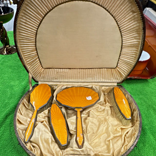 Rare Orange Vintage Vanity Grooming Set in Case w/Mirror Brushes