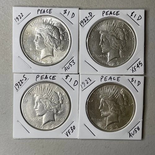 Lot of 4 1922, 1922-D, 1922-S, 1923 Peace Dollars $1 90% Silver raw Fine to AU