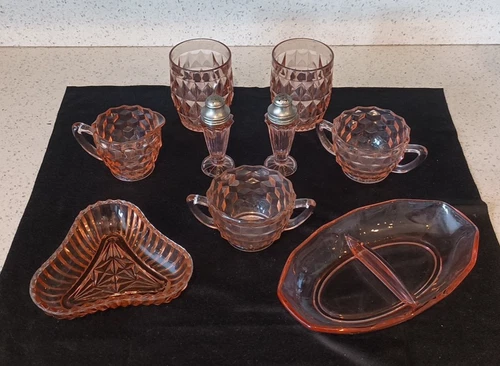 Vintage Mixed Lot of 9 Pink Depression Glass Cups Creamer Sugar Dishes Shakers