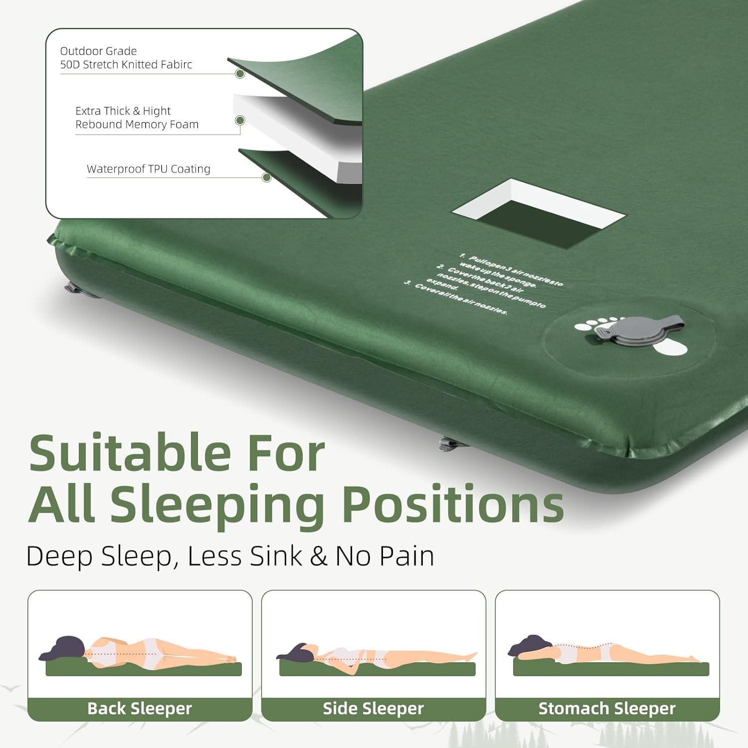 Memory Sleeping Pad, 3.1" Ultra-Thick Sleeping Mats for Camping, Easy Inflate&De