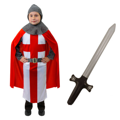 KINDER ST. GEORGES RITTERKOSTÜM MITTELALTERLICHER KREUZFAHRER RITTER SCHICKES KLEID TUNIKA SCHWERT