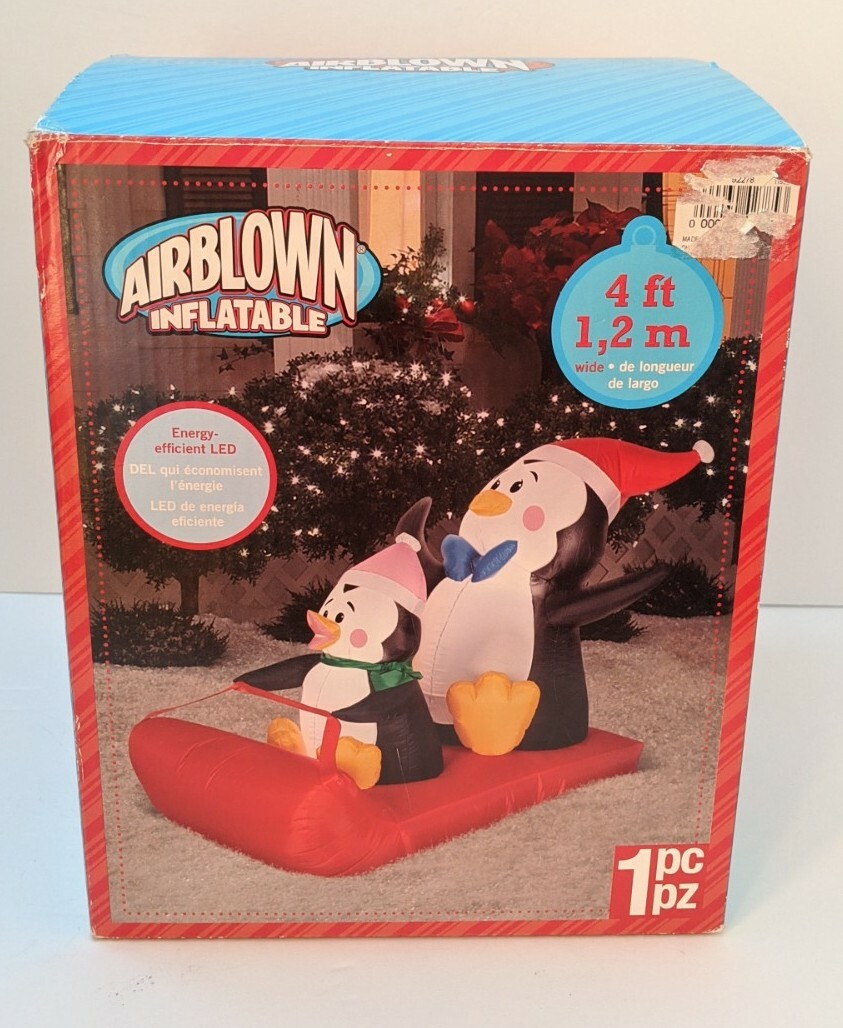Gemmy Airblown Inflatable 4 Foot Christmas Penguins On Sled Lights