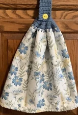 Double  hanging kitchen towel flowers garden  crocheted blue  top