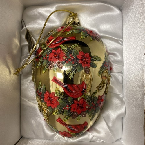 Joan Rivers Egg Ornament Cardinals Holly Gold Red Christmas Fabrege Inspired - Picture 2 of 9