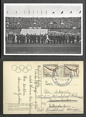 1936 Olympic Games rppc Flame arriving Berlin Stadium Germany 2 stamps