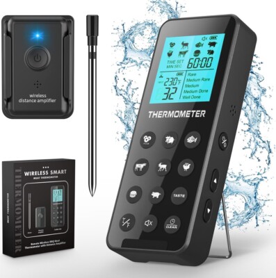 300FT Wireless Meat Thermometer IP67 with Alarm Function for The Oven, Grill Bbq