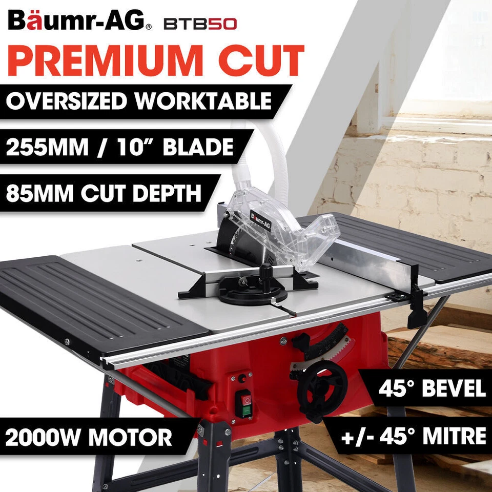 BAUMR-AG 2000W 255mm 10" Compound Table Saw Vacuum Port Expandable Worktop