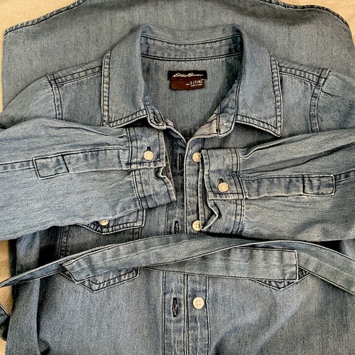 eddie bauer kids S girls denim shirt dress blue belted long sleeve logo - Picture 7 of 12