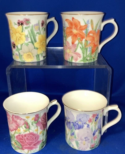Lenox  1995 Set Of 4 Flower Blossom Collection Mugs By Suzanne Clee EUC